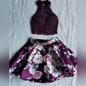City Triangles Burgundy 2 piece crop top floral lace party dress Size 1